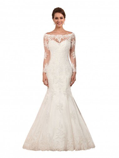 Cheap Long Sleeves Mermaid Lace Wedding Dress with Illusion Back Sydney