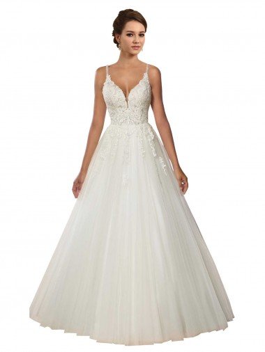 Cheap Modern Spaghetti Straps Ball Gown Tulle Wedding Dress with Lace Bodice Sydney