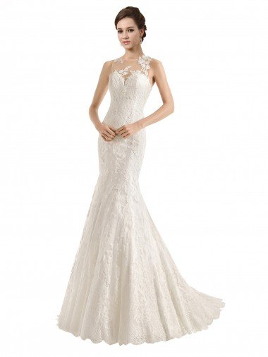 Cheap Illusion Neck Mermaid All Over Lace Wedding Dress Sydney