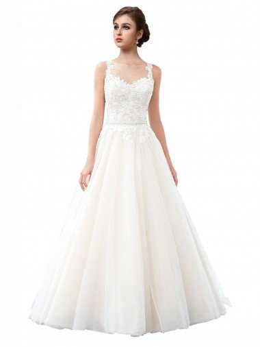 Cheap Illusion Neck A-Line Tulle Beach Wedding Dress with Lace Bodice Sydney