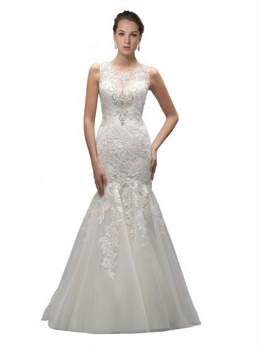 Cheap Illusion High Neck Mermaid Lace Wedding Dress Sydney