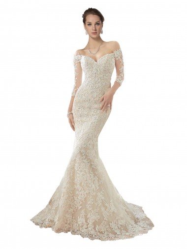 Cheap Long Sleeves Off the Shoulder Trumpet Lace Wedding Dress Sydney