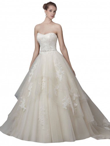 Cheap Strapless Ball Gown Tulle Wedding Dress with Lace Appliques Sydney