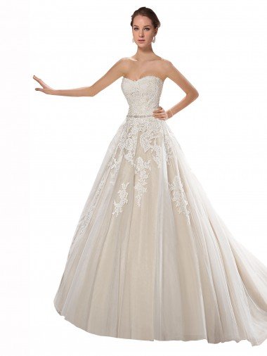 Cheap Strapless Ball Gown Tulle Wedding Dress with Lace Cascades Sydney