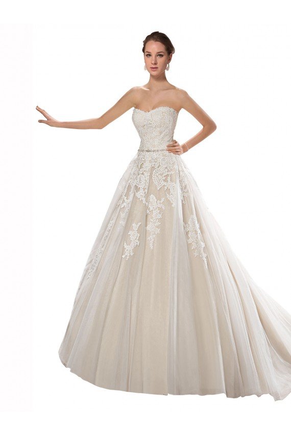 Cheap Strapless Ball Gown Tulle Wedding Dress with Lace Cascades Sydney