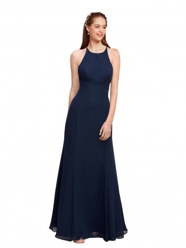 Cheap High Halter Fit and Flare Long Chiffon Bridesmaid Dress / Prom Dress with Criss Cross Low Back Sydney