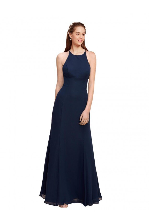 Cheap High Halter Fit and Flare Long Chiffon Bridesmaid Dress / Prom Dress with Criss Cross Low Back Sydney