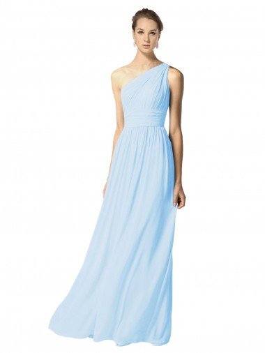 Cheap One Shoulder Long Chiffon Bridesmaid Dress with Shirred Bodice and Front Keyhole Sydney