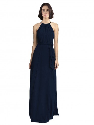 Cheap High Neckline Floor Length Chiffon Bridesmaid Dress with Belt Sydney