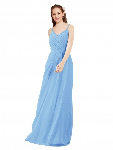 Cheap Pleated Low Back Long V-Neck Chiffon Bridesmaid Dress with Thin Straps Sydney