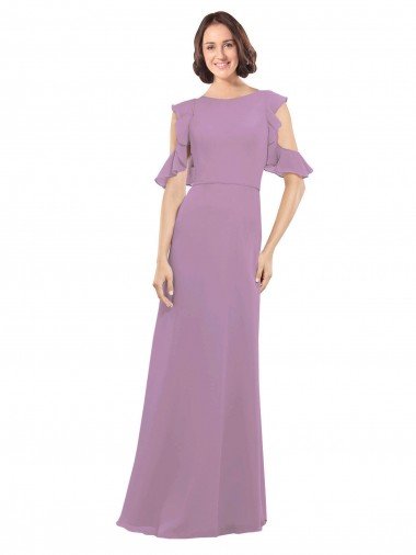 Cheap Long Chiffon Bridesmaids Dress with Flounced Sleeve Detail and Criss Cross Back Sydney