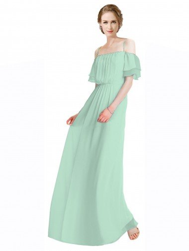 Cheap Spaghetti Straps Long Chiffon Off-The-Shoulder Bridesmaid Dress with Double Flounce Sleeves Sydney