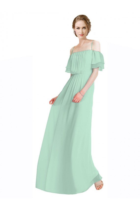 Cheap Spaghetti Straps Long Chiffon Off-The-Shoulder Bridesmaid Dress with Double Flounce Sleeves Sydney