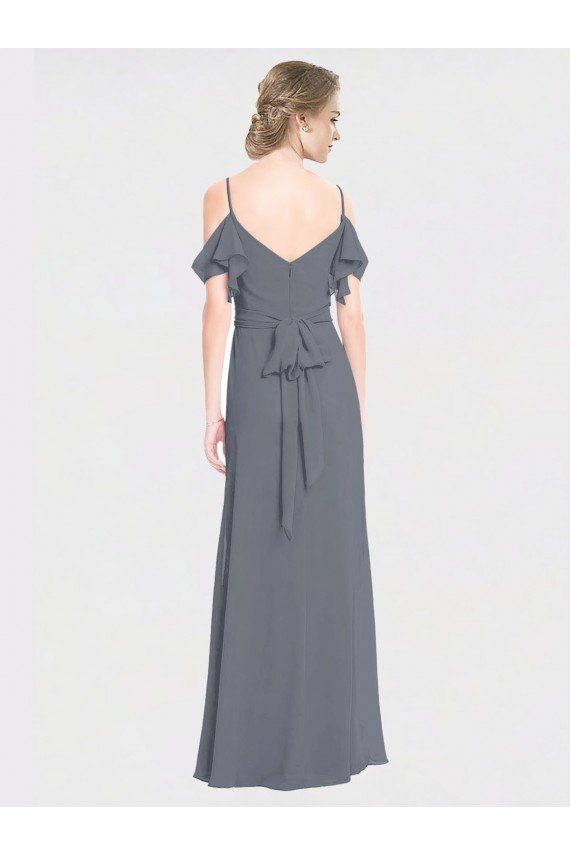 Cheap Long Chiffon Spaghetti Strap V-Neck Bridesmaid Dress with Off-The-Shoulder Flutter Sleeves Sydney