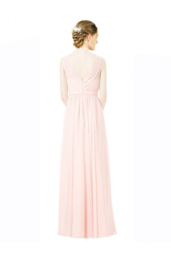 Cheap Long Chiffon Sleeveless Bridesmaid Dress with Sheer Illusion Top and V-Back Sydney