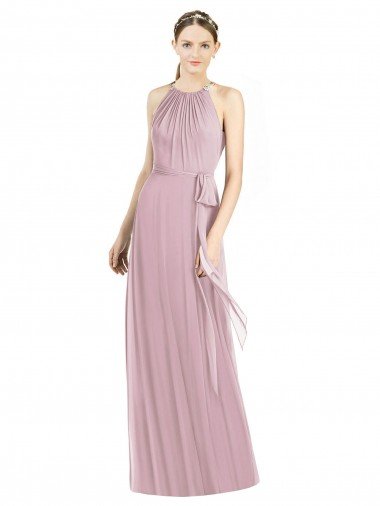 Cheap Shirred Halter Neck Long Chiffon Bridesmaid Dress Sydney
