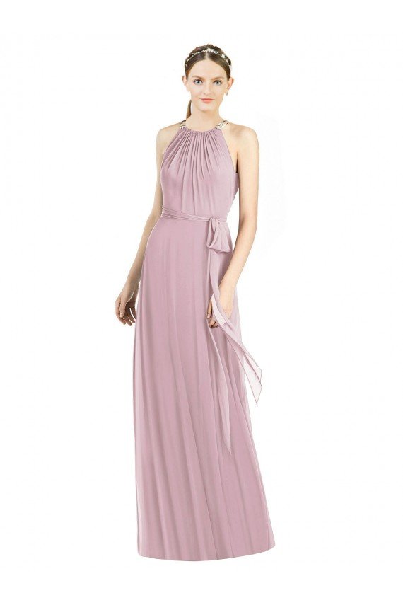 Cheap Shirred Halter Neck Long Chiffon Bridesmaid Dress Sydney