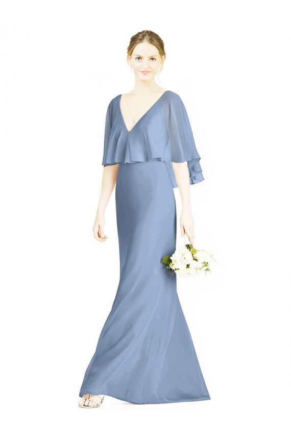 Cheap V-Back Trumpet Chiffon Bridesmaid Dress with Draped Cape Overlay Sydney