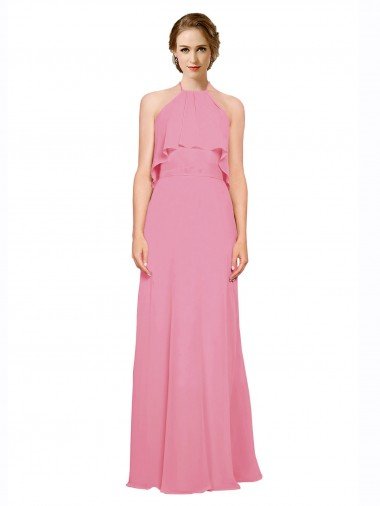 Cheap Ruffle Halter Neck A-Line Chiffon Bridesmaid Dress with Open Back Sydney