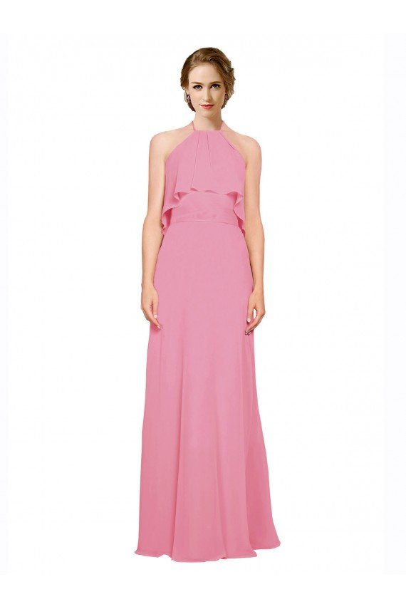 Cheap Ruffle Halter Neck A-Line Chiffon Bridesmaid Dress with Open Back Sydney