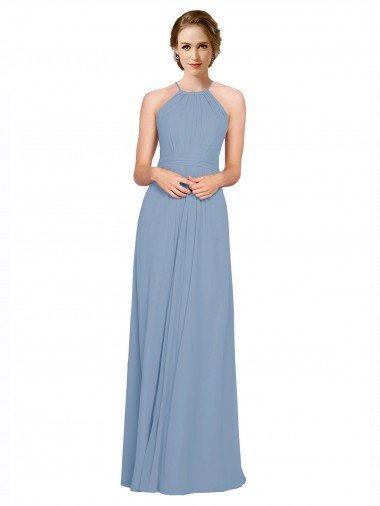 Cheap Pleated Halter Neckline A-Line Chiffon Bridesmaid with Criss Cross Back Sydney