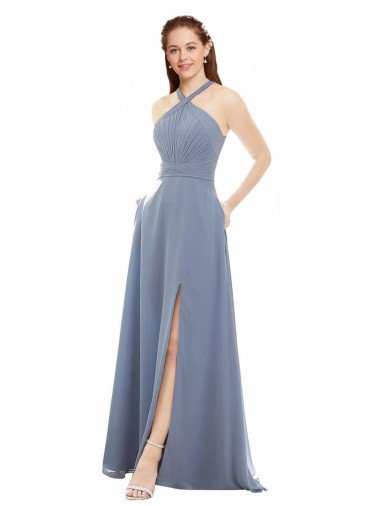 Cheap High Neck Chiffon Bridesmaid Dress with Draped Bodice Sydney
