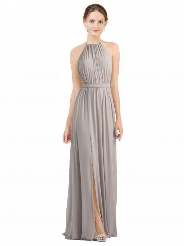 Cheap Backless Halter Chiffon Bridesmaid Dress with Front Slit and Tie Open Back Sydney