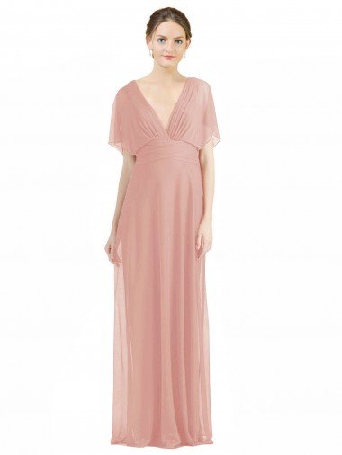 Cheap Draped Short Sleeves Long Chiffon A-Line Bridesmaid Dress Sydney