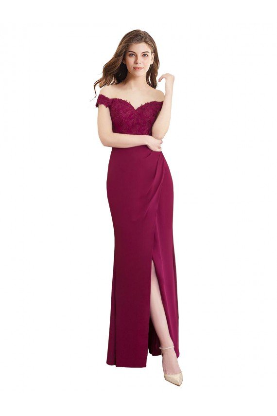 Cheap Off the Shoulder Chiffon Bridesmaid Dress with Lace Appliques and Front Slit Sydney