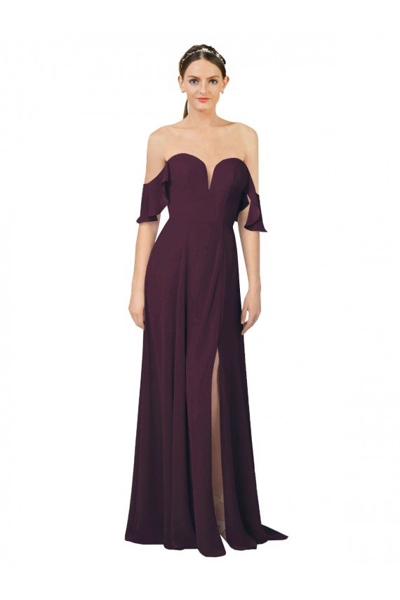 Cheap Romantic Off-Shoulder Chiffon Bridesmaid Dress with Plunging V-Neck Sydney