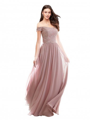 Cheap Floor Length Chantilly Lace Off the Shoulder Chiffon Bridesmaid Dress Sydney