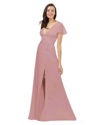 Cheap Flutter Sleeves Short Chiffon Bridesmaid Dress with Tie Belt Sydney