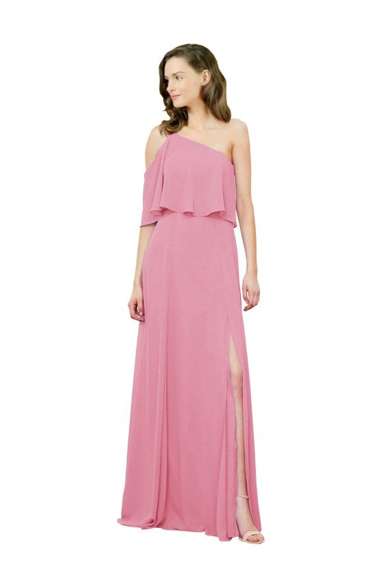 Cheap Sleeved One Shoulder Chiffon Bridesmaids Dress with Draped Ruffle Overlay Sydney