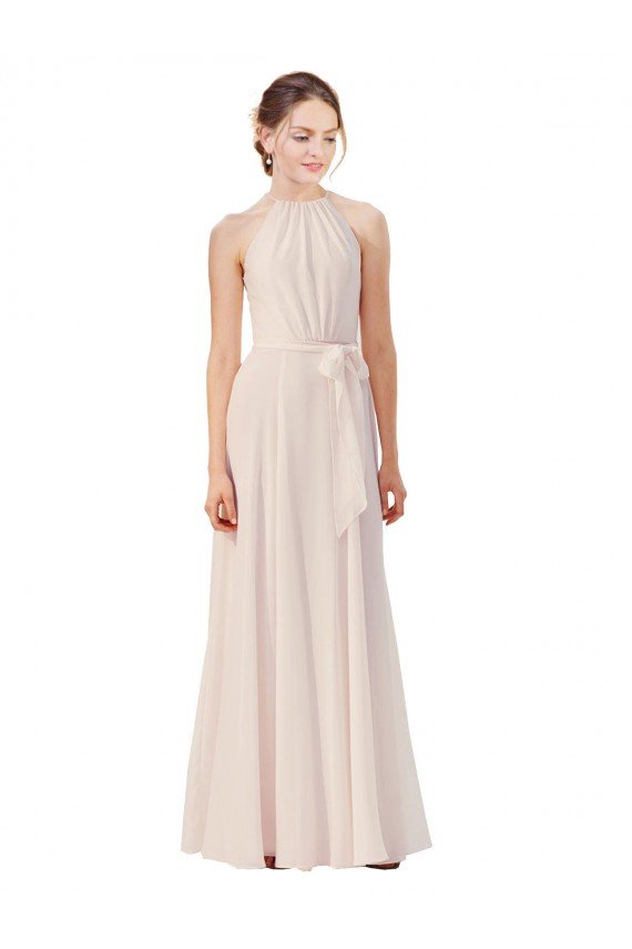 Cheap Tie Neck Long Chiffon A-Line Bridesmaid Dress with Sheer Back Sydney