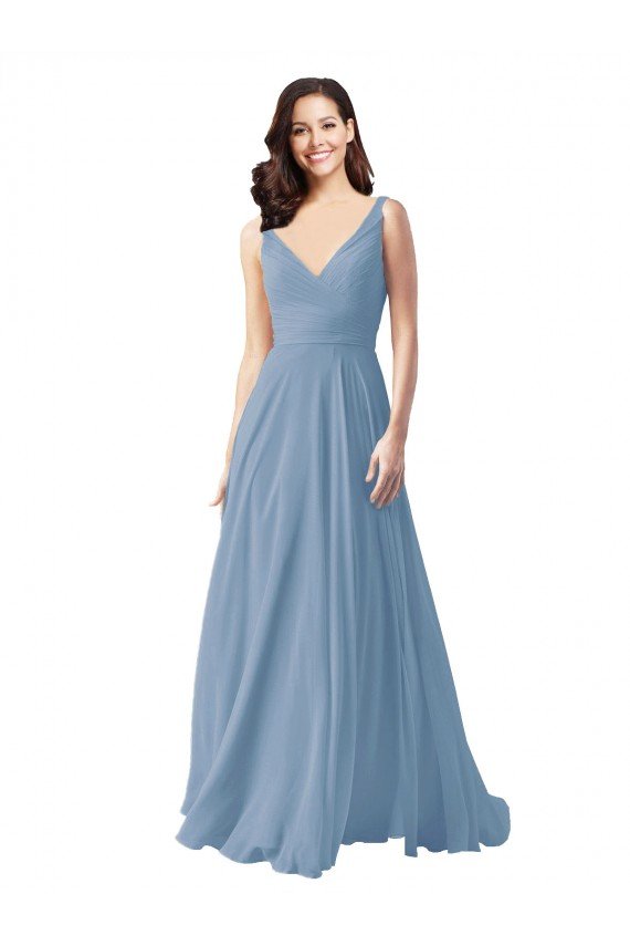 Cheap Long Chiffon V-Neck and Self Sash Bridesmaid Dress with Shirred Criss Cross Bodice Sydney