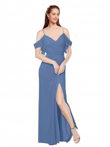 Cheap Mock-Wrap Off the Shoulder Long Chiffon Bridesmaid Dress with Side Slit Sydney