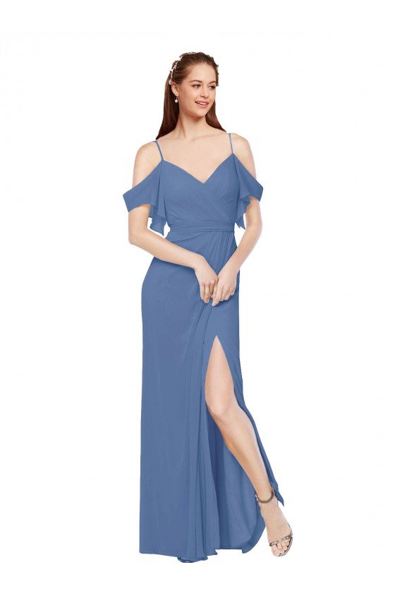 Cheap Mock-Wrap Off the Shoulder Long Chiffon Bridesmaid Dress with Side Slit Sydney