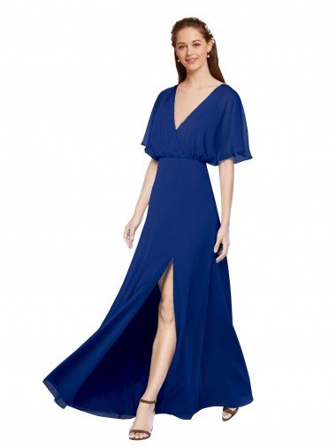 Cheap V-Neck Long Chiffon Bridesmaid Dress with Dolman Sleeved Bodice and Slit Sydney