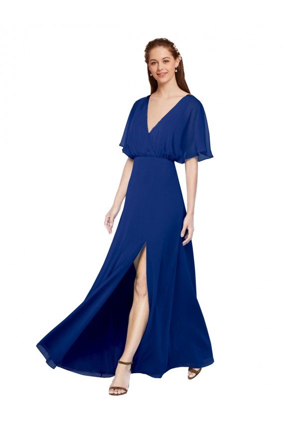 Cheap V-Neck Long Chiffon Bridesmaid Dress with Dolman Sleeved Bodice and Slit Sydney
