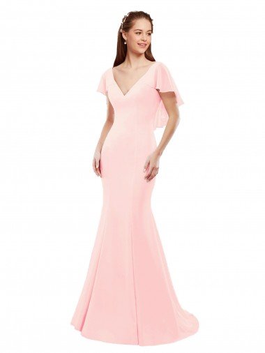Cheap Fit and Flare Chiffon Bridesmaid Dress with V-Neck and Flutter Sleeves Sydney