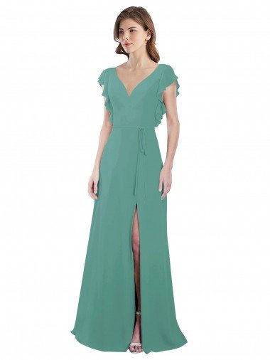 Cheap Full Length Chiffon Bridesmaid Dress with Ruffled Cap Sleeves and Side Slit Sydney