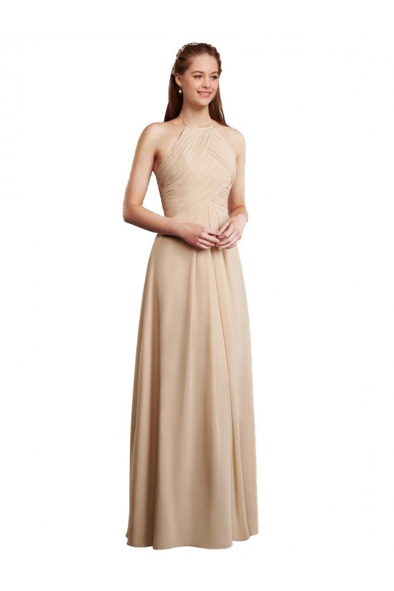 Cheap Draped Halter Neck Long Chiffon Bridesmaid Dress with Tie Back Sydney
