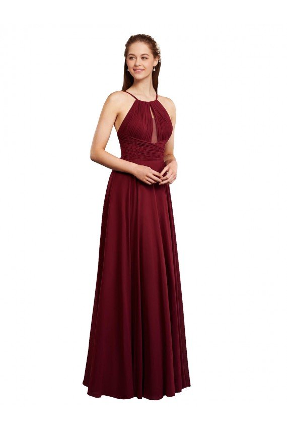 Cheap Long A-Line Halter Neck Chiffon Bridesmaid Dress with Draped Bodice Sydney