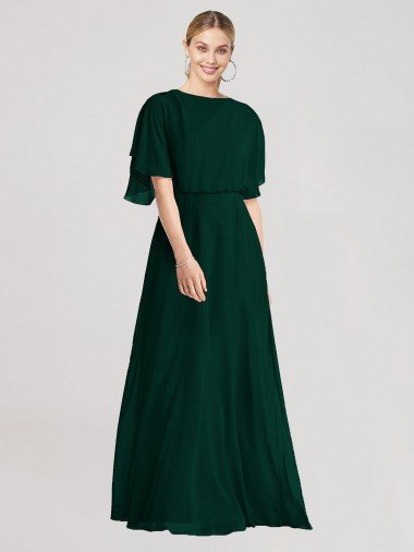 Cheap Full-Length Flutter Sleeves Plunging V Back Chiffon Bridesmaid Dress Sydney