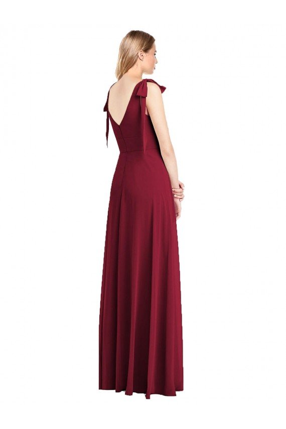 Cheap Full Length Bow-Shoulder V-Back Chiffon Bridesmaid Dress with Front Slit Sydney