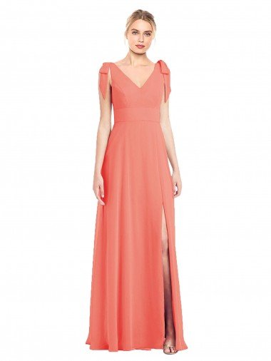 Cheap Full Length Bow-Shoulder V-Back Chiffon Bridesmaid Dress with Front Slit Sydney