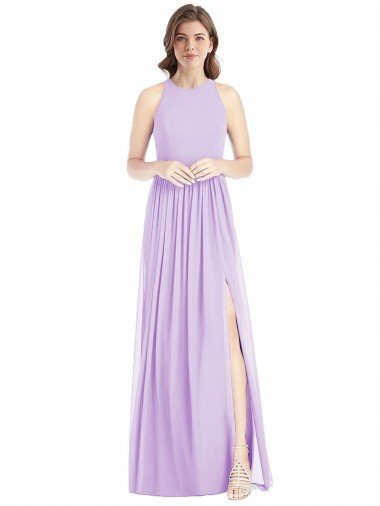 Cheap Shirred Skirt Jewel Neck Halter Chiffon Bridesmaid Dress with Front Slit Sydney