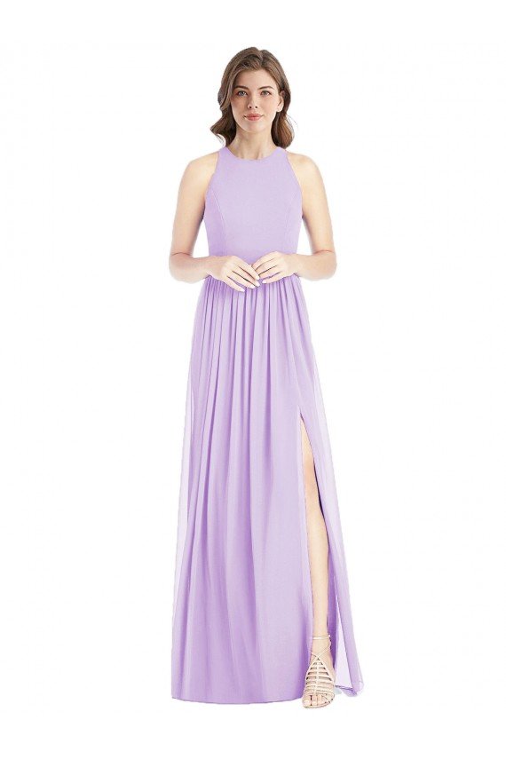 Cheap Shirred Skirt Jewel Neck Halter Chiffon Bridesmaid Dress with Front Slit Sydney