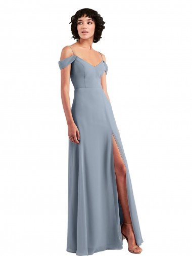 Cheap Off the Shoulder Folded Sleeve Long Chiffon Bridesmaid Dress with High Side Slit Sydney