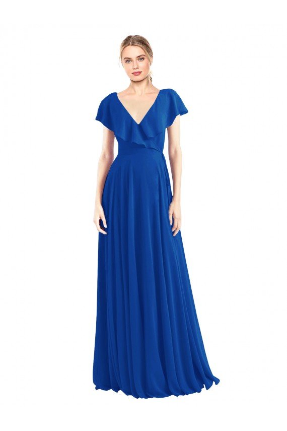 Cheap V-Neck A-Line Flutter Sleeves Long Chiffon Wrap Style Bridesmaid Dress Sydney